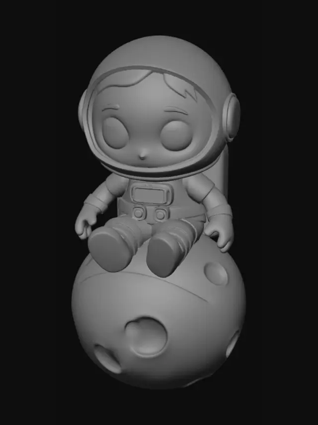 3D model for Cute chibi astronaut character sitting on a small moon, smooth details, cartoon style, solid 3D model, ready for 3D printing, high quality mesh, no fine details, bold outlines.
