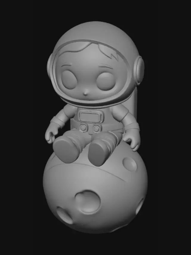 3D model for Cute chibi astronaut character sitting on a small moon, smooth details, cartoon style, solid 3D model, ready for 3D printing, high quality mesh, no fine details, bold outlines.