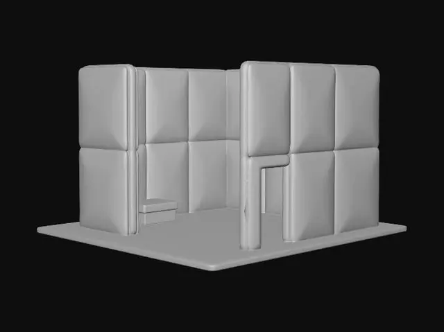 3D model for Product shot showing off how large the prop is from an angle looking upwards of a single, isolated 80's style unique strange modular building piece prop, toon town aethestic, prop in a empty gray sleek scene. Shot on a high-grade Nikon camera. Style: Crafted entirely from soft/fuzzy materials (felt, vibrant carpet, yarn). nostalgic vibrant vibe, bright, simple colors. Miniature scale cues (tilt-shift , highlighting fidelity and detail of the props matieral), slight imperfection (handmade vibe).