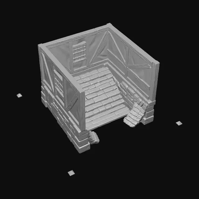 3D model for Stone Base Wall Combo
100×100×75
Bottom stone, top plaster: : A HIGH LEVEL SHOT, EMPTY GREY BACKGROUND, A PIECE FOR A modular 3D RPG village building setCore Materials
Plaster Walls
Base: warm off-white / cream
Variation: subtle beige/yellow tint
Roughness: matte
Timber Beams
Color: dark brown
Secondary: slightly desaturated reddish-brown
Pattern: simple plank segmentation (not realistic grain-heavy)
Stone Base
Color: mid gray with slight blue tint
Accent: darker gray cracks
Shape: blocky stones (SNES-style implied detail)
Roofs
Thatch: warm straw yellow
Tile: muted terracotta red
Wood shingles: desaturated brown-gray
Accents
Doors: deep brown or muted red
Window shutters: green / blue / red (limited palette cycling)
Metal: dark desaturated gray