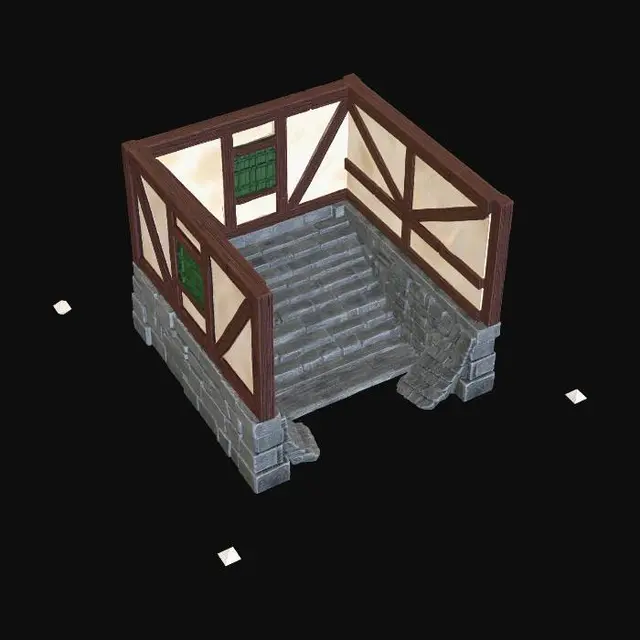 3D model for Stone Base Wall Combo
100×100×75
Bottom stone, top plaster: : A HIGH LEVEL SHOT, EMPTY GREY BACKGROUND, A PIECE FOR A modular 3D RPG village building setCore Materials
Plaster Walls
Base: warm off-white / cream
Variation: subtle beige/yellow tint
Roughness: matte
Timber Beams
Color: dark brown
Secondary: slightly desaturated reddish-brown
Pattern: simple plank segmentation (not realistic grain-heavy)
Stone Base
Color: mid gray with slight blue tint
Accent: darker gray cracks
Shape: blocky stones (SNES-style implied detail)
Roofs
Thatch: warm straw yellow
Tile: muted terracotta red
Wood shingles: desaturated brown-gray
Accents
Doors: deep brown or muted red
Window shutters: green / blue / red (limited palette cycling)
Metal: dark desaturated gray