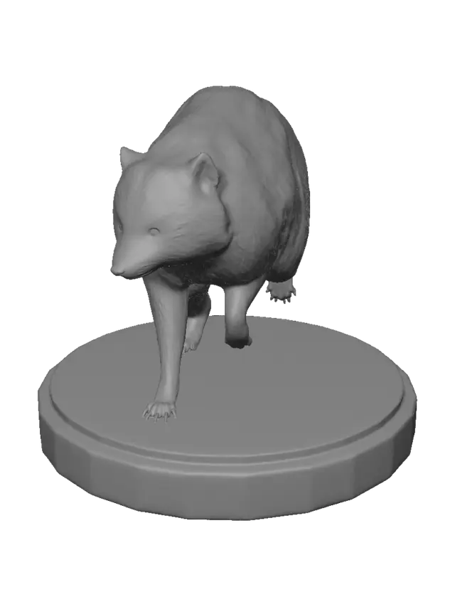 3D model for Can you create a 3D model of this raccoon that has a shortened spine (and its funny looking) and put it on a circular base? Make sure its pose is the same as it in the picture, running.