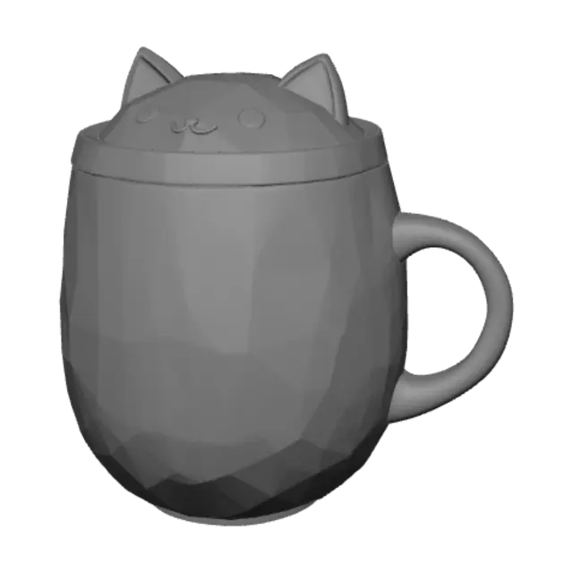 3D model for Plain smooth coffee mug with two small cat ears on the top rim, side handle, simple low poly, stylized cartoon