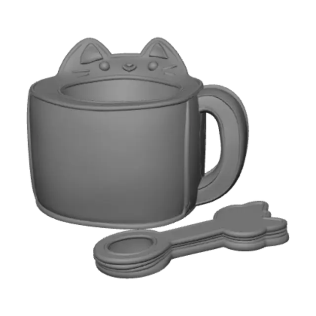3D model for A chunky flat 2D sticker design of a wide child's coffee mug, pastel pink color, with a thick smooth handle on the side. Thick black outlines, clean smooth vector art style. The top rim of the mug features two simple cartoon cat ears, with eyes and whiskers detailed on the top section. Angled perspective view showing thickness and hollow interior, pure solid white background, cozy cute toy style, matching the style of a cartoon pink cat spoon