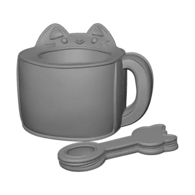 3D model for A chunky flat 2D sticker design of a wide child's coffee mug, pastel pink color, with a thick smooth handle on the side. Thick black outlines, clean smooth vector art style. The top rim of the mug features two simple cartoon cat ears, with eyes and whiskers detailed on the top section. Angled perspective view showing thickness and hollow interior, pure solid white background, cozy cute toy style, matching the style of a cartoon pink cat spoon