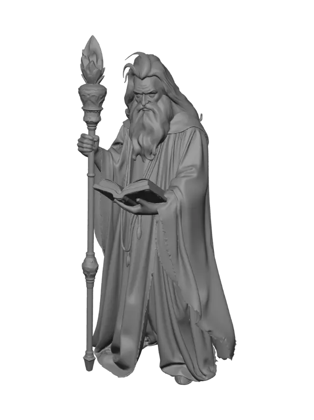 3D model for Create a Gandalf style Human Wizard holding a Staff and Spellbook needs to add a Dungeon and Dragon Style forest terrain base