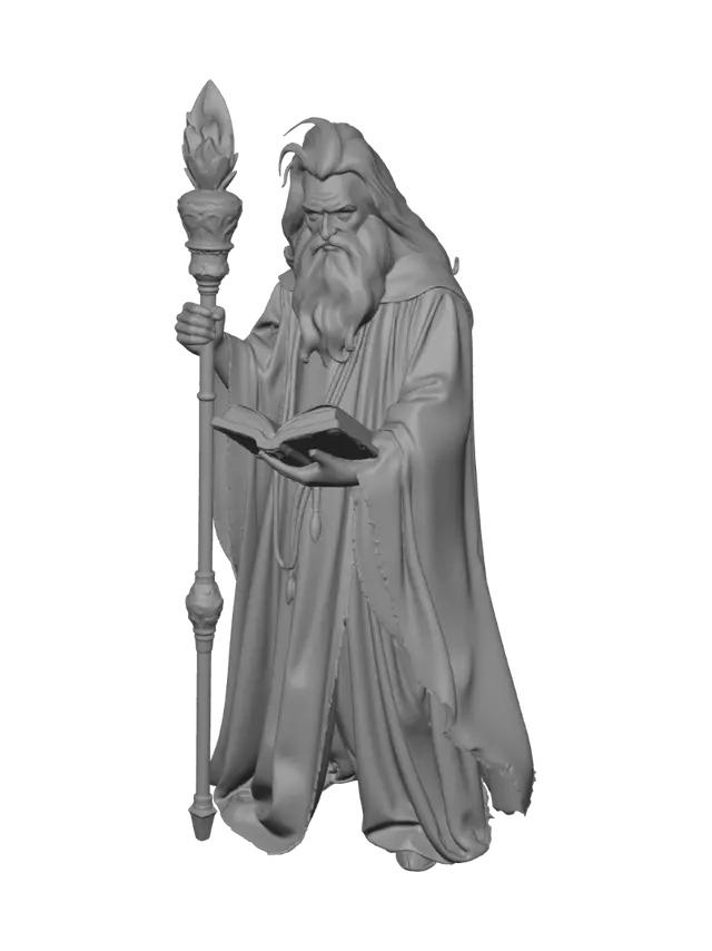 3D model for Create a Gandalf style Human Wizard holding a Staff and Spellbook needs to add a Dungeon and Dragon Style forest terrain base