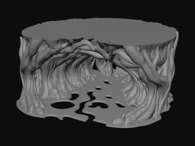 3D model for 3D modular environment asset, dark fantasy style, claustrophobic organic tunnel segment. Curved fleshy arches made of muscular tissue and calcified bones. Wet irregular cave floor texture with bio-fluid puddles. Includes hollow oval pods and cavities embedded into the walls. Hyper-detailed organic horror, optimized for Unity game engine, low-poly with high-quality normal maps, clean topology, style of Elden Ring underground areas. --no cartoon, --no bright colors.