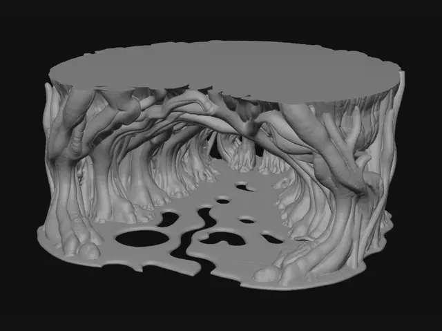 3D model for 3D modular environment asset, dark fantasy style, claustrophobic organic tunnel segment. Curved fleshy arches made of muscular tissue and calcified bones. Wet irregular cave floor texture with bio-fluid puddles. Includes hollow oval pods and cavities embedded into the walls. Hyper-detailed organic horror, optimized for Unity game engine, low-poly with high-quality normal maps, clean topology, style of Elden Ring underground areas. --no cartoon, --no bright colors.