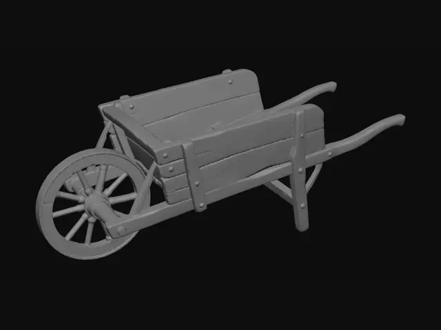3D model for medieval wooden handcart, single wooden wheel, oak wood planks, wooden spokes wheel, simple medieval craftsmanship, worn wood texture, realistic PBR, scratches and dirt, neutral background, studio lighting, game asset reference, high detail