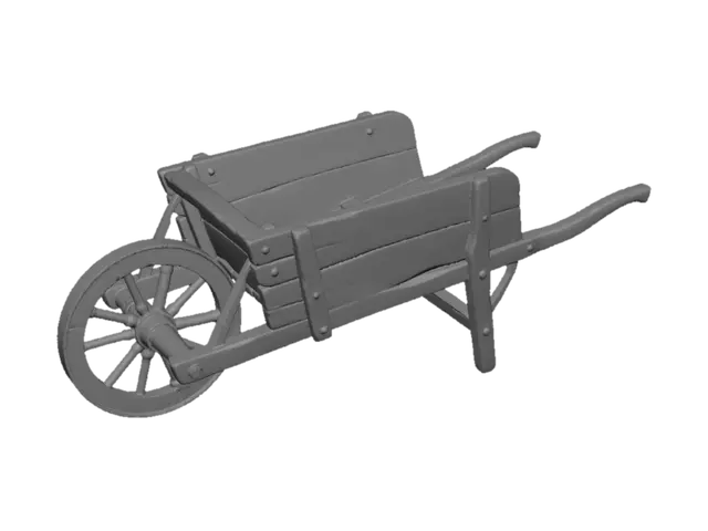 3D model for medieval wooden handcart, single wooden wheel, oak wood planks, wooden spokes wheel, simple medieval craftsmanship, worn wood texture, realistic PBR, scratches and dirt, neutral background, studio lighting, game asset reference, high detail