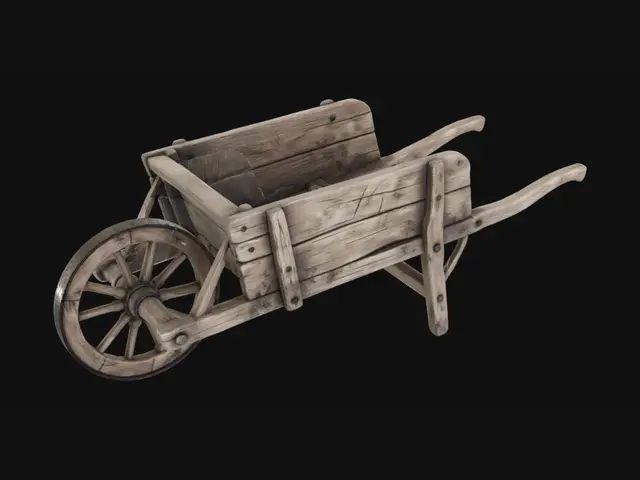 3D model for medieval wooden handcart, single wooden wheel, oak wood planks, wooden spokes wheel, simple medieval craftsmanship, worn wood texture, realistic PBR, scratches and dirt, neutral background, studio lighting, game asset reference, high detail