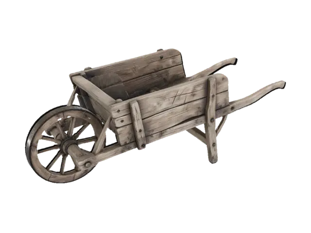 3D model for medieval wooden handcart, single wooden wheel, oak wood planks, wooden spokes wheel, simple medieval craftsmanship, worn wood texture, realistic PBR, scratches and dirt, neutral background, studio lighting, game asset reference, high detail
