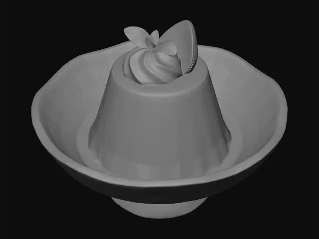 3D model for A visually appealing 3D model of a golden-amber conical flan, generously draped with glistening dark caramel sauce, standing in a rustic, wabi-sabi style ceramic bowl. The bowl features an irregular, textured off-white glaze with dark, earthy accents and a sturdy pedestal base. The flan is crowned with a dollop of fluffy white whipped cream, topped with a vibrant red strawberry slice and delicate green mint leaves, all illuminated by soft, inviting lighting.
