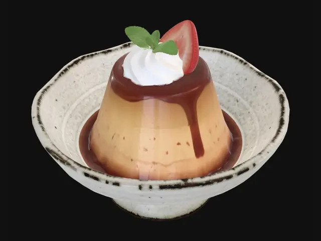 3D model for A visually appealing 3D model of a golden-amber conical flan, generously draped with glistening dark caramel sauce, standing in a rustic, wabi-sabi style ceramic bowl. The bowl features an irregular, textured off-white glaze with dark, earthy accents and a sturdy pedestal base. The flan is crowned with a dollop of fluffy white whipped cream, topped with a vibrant red strawberry slice and delicate green mint leaves, all illuminated by soft, inviting lighting.