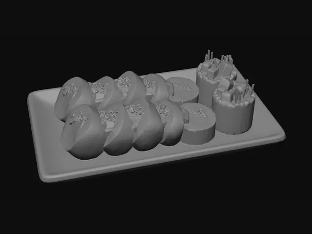 3D model for A realistic 3D model of perfectly sliced Korean kimbap rolls, presented neatly on a rectangular white ceramic serving platter. Each round slice reveals vibrant layers of white rice, dark green seaweed, bright orange julienned carrots, yellow egg strips, pink ham, and white imitation crab meat, all tightly rolled. The exterior of the nori is speckled with white sesame seeds. Two upright "standing" kimbap pieces at the back further showcase the colorful vegetable fillings, under bright, even lighting.