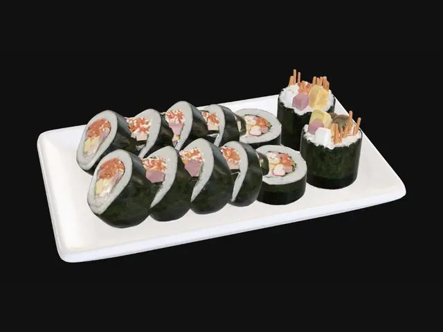 3D model for A realistic 3D model of perfectly sliced Korean kimbap rolls, presented neatly on a rectangular white ceramic serving platter. Each round slice reveals vibrant layers of white rice, dark green seaweed, bright orange julienned carrots, yellow egg strips, pink ham, and white imitation crab meat, all tightly rolled. The exterior of the nori is speckled with white sesame seeds. Two upright "standing" kimbap pieces at the back further showcase the colorful vegetable fillings, under bright, even lighting.
