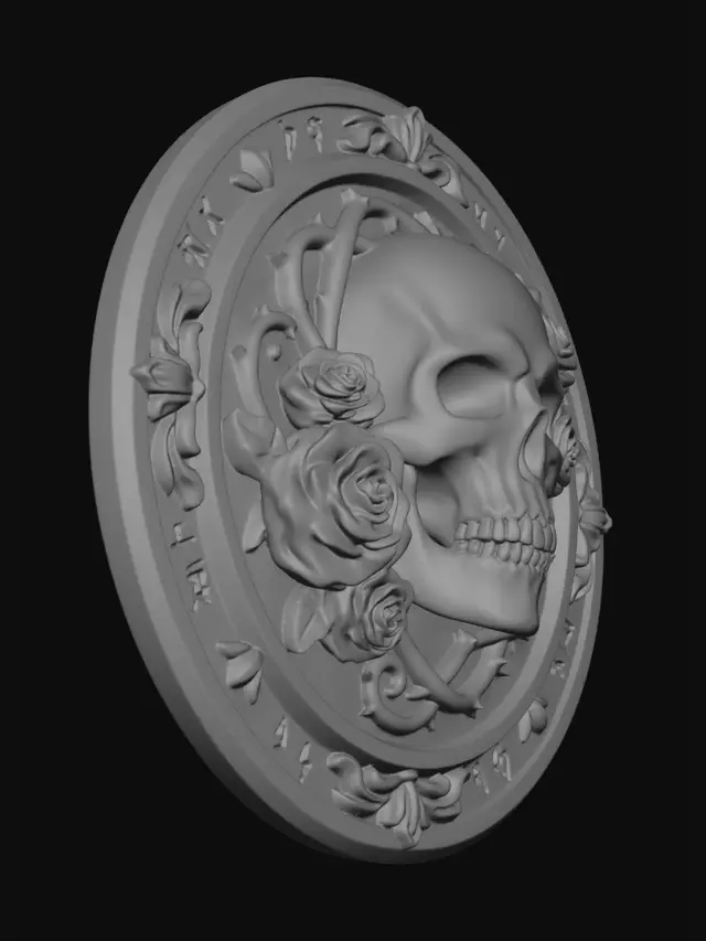 3D model for gothic skull emblem, human skull surrounded by dark purple roses, circular stone medallion, carved relief sculpture, fantasy game icon, dark fantasy aesthetic, hand painted texture, subtle cracks on stone, detailed floral ornament, centered composition, soft dramatic lighting, stylized 3d render, clean background, high detail, Diablo style, dark gothic ornament, grey stone and violet palette