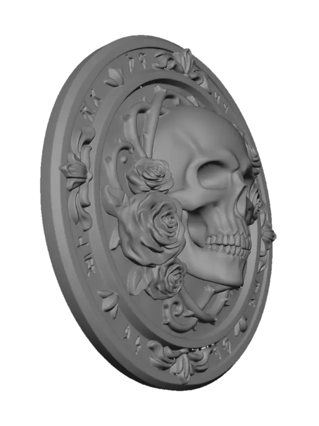 3D model for gothic skull emblem, human skull surrounded by dark purple roses, circular stone medallion, carved relief sculpture, fantasy game icon, dark fantasy aesthetic, hand painted texture, subtle cracks on stone, detailed floral ornament, centered composition, soft dramatic lighting, stylized 3d render, clean background, high detail, Diablo style, dark gothic ornament, grey stone and violet palette