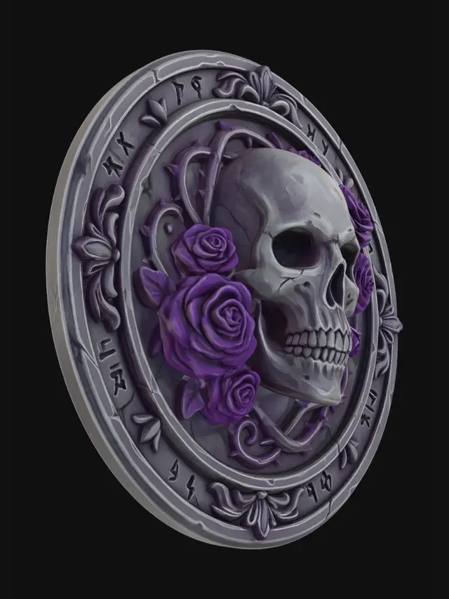 3D model for gothic skull emblem, human skull surrounded by dark purple roses, circular stone medallion, carved relief sculpture, fantasy game icon, dark fantasy aesthetic, hand painted texture, subtle cracks on stone, detailed floral ornament, centered composition, soft dramatic lighting, stylized 3d render, clean background, high detail, Diablo style, dark gothic ornament, grey stone and violet palette