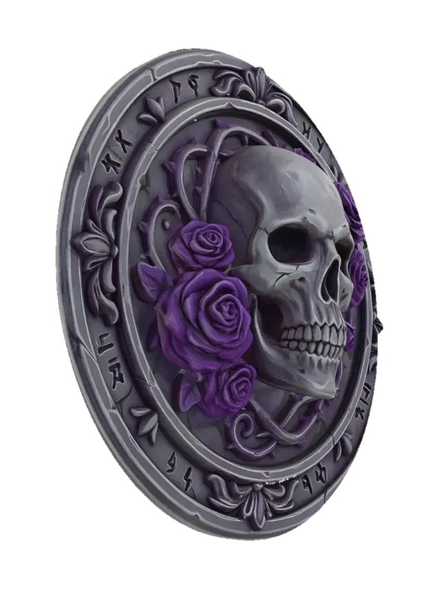3D model for gothic skull emblem, human skull surrounded by dark purple roses, circular stone medallion, carved relief sculpture, fantasy game icon, dark fantasy aesthetic, hand painted texture, subtle cracks on stone, detailed floral ornament, centered composition, soft dramatic lighting, stylized 3d render, clean background, high detail, Diablo style, dark gothic ornament, grey stone and violet palette