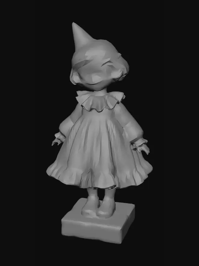3D model for whimsical clown girl character, colorful patchwork dress, oversized skirt, pastel yet vivid colors, porcelain skin, rosy cheeks, slightly melancholic expression, stylized proportions, storybook illustration style, hand-crafted sculpture look, soft studio lighting, neutral background, high detail, fantasy art toy style