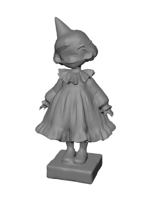 3D model for whimsical clown girl character, colorful patchwork dress, oversized skirt, pastel yet vivid colors, porcelain skin, rosy cheeks, slightly melancholic expression, stylized proportions, storybook illustration style, hand-crafted sculpture look, soft studio lighting, neutral background, high detail, fantasy art toy style