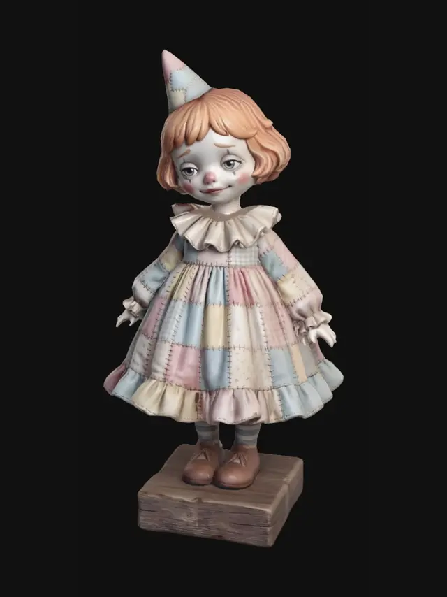3D model for whimsical clown girl character, colorful patchwork dress, oversized skirt, pastel yet vivid colors, porcelain skin, rosy cheeks, slightly melancholic expression, stylized proportions, storybook illustration style, hand-crafted sculpture look, soft studio lighting, neutral background, high detail, fantasy art toy style