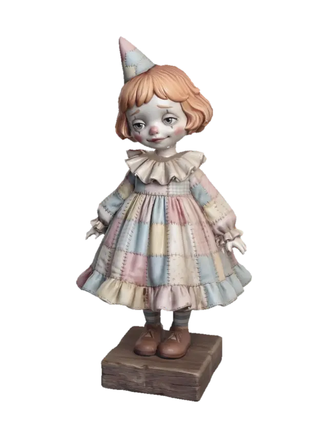 3D model for whimsical clown girl character, colorful patchwork dress, oversized skirt, pastel yet vivid colors, porcelain skin, rosy cheeks, slightly melancholic expression, stylized proportions, storybook illustration style, hand-crafted sculpture look, soft studio lighting, neutral background, high detail, fantasy art toy style
