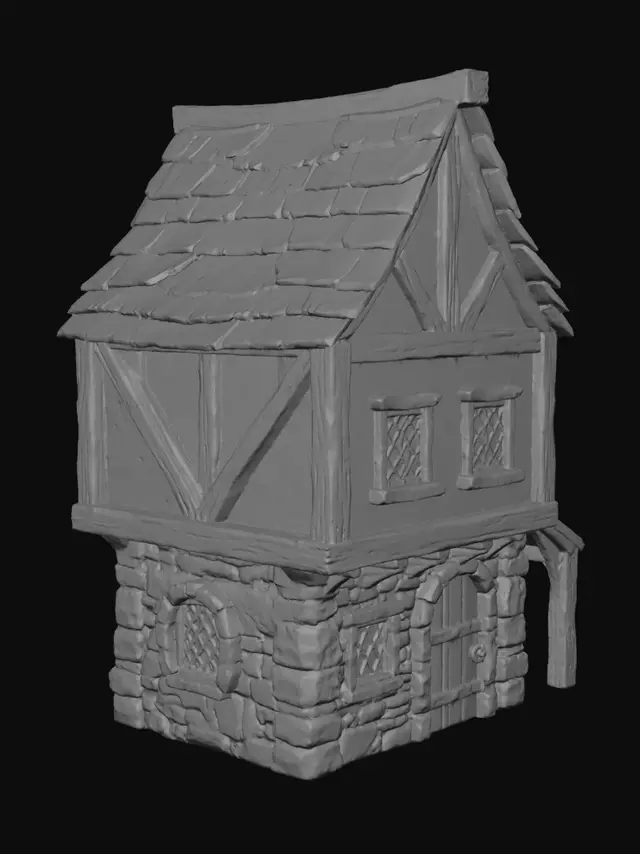 3D model for single medieval european half-timbered house, tudor style, exposed wooden beams, stone foundation, steep gable roof, slate roof tiles, realistic PBR textures, high detail