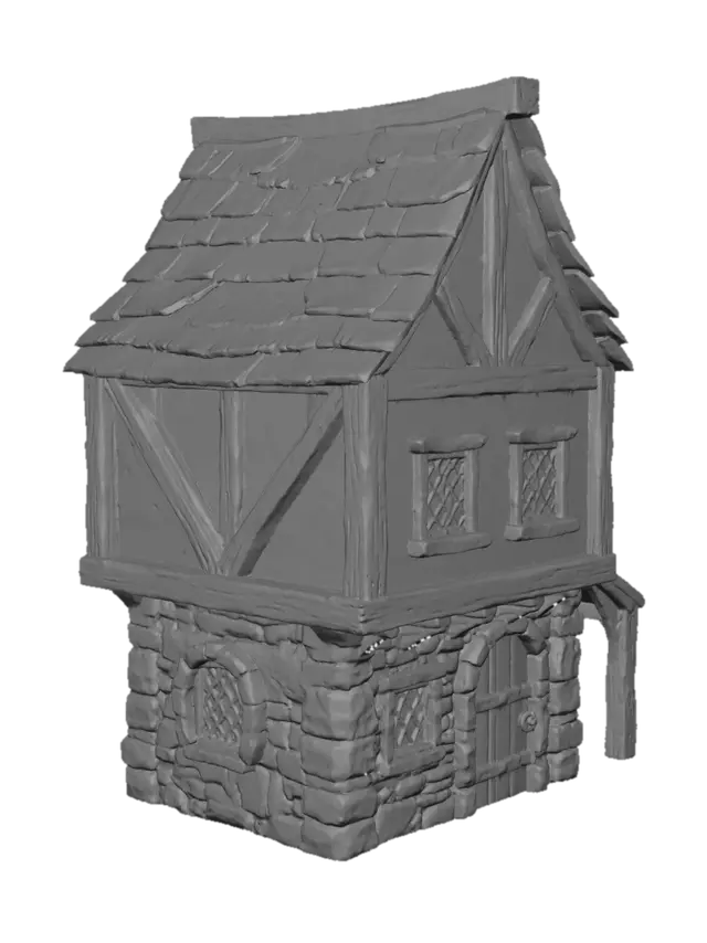 3D model for single medieval european half-timbered house, tudor style, exposed wooden beams, stone foundation, steep gable roof, slate roof tiles, realistic PBR textures, high detail