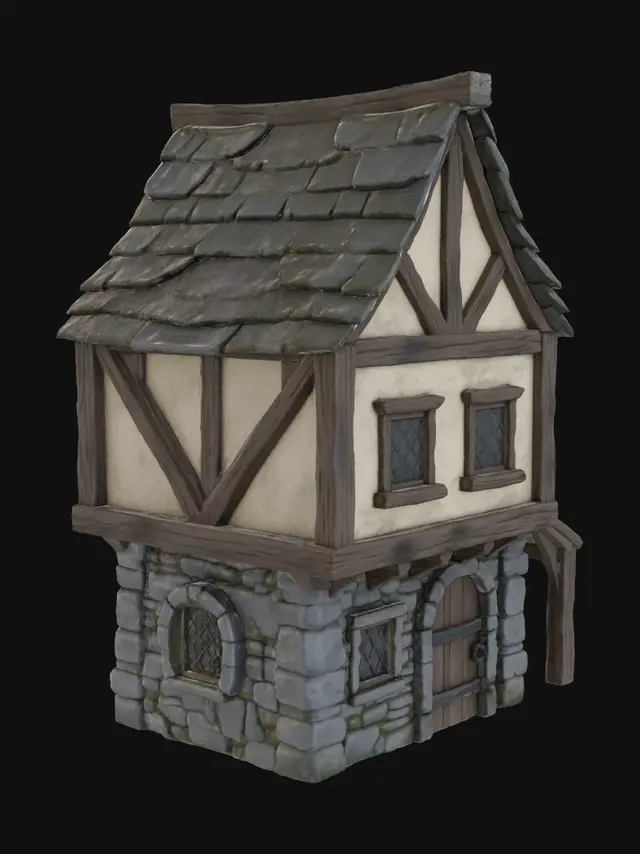 3D model for single medieval european half-timbered house, tudor style, exposed wooden beams, stone foundation, steep gable roof, slate roof tiles, realistic PBR textures, high detail
