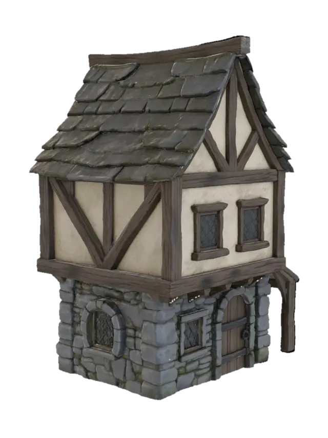 3D model for single medieval european half-timbered house, tudor style, exposed wooden beams, stone foundation, steep gable roof, slate roof tiles, realistic PBR textures, high detail