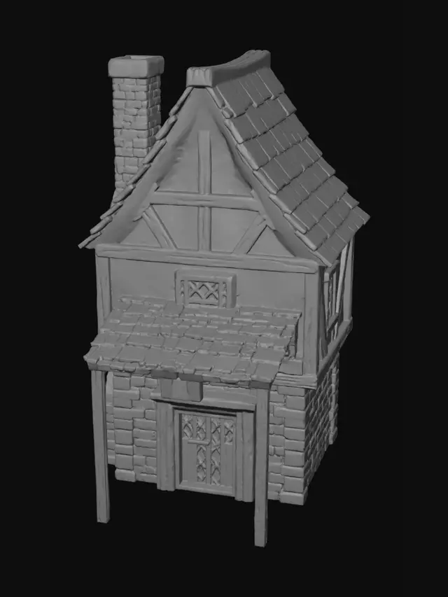 3D model for medieval European half-timbered brick house, exposed wooden beams, red brick walls, red clay tile roof, brick chimney, old town building, isometric view, hand-painted textures, stylized game asset, fantasy RPG environment