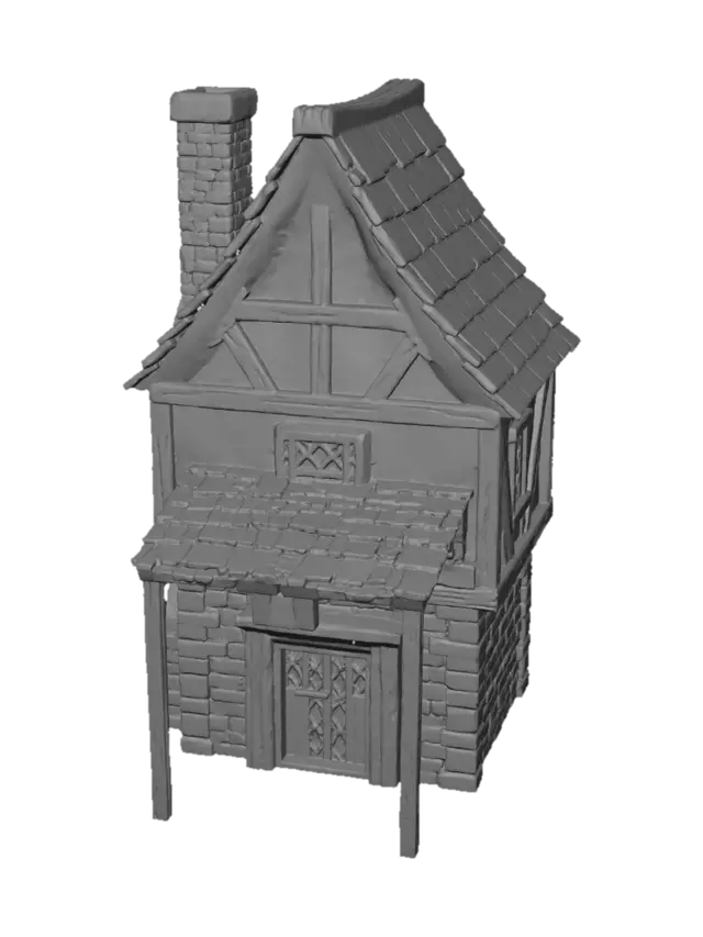 3D model for medieval European half-timbered brick house, exposed wooden beams, red brick walls, red clay tile roof, brick chimney, old town building, isometric view, hand-painted textures, stylized game asset, fantasy RPG environment