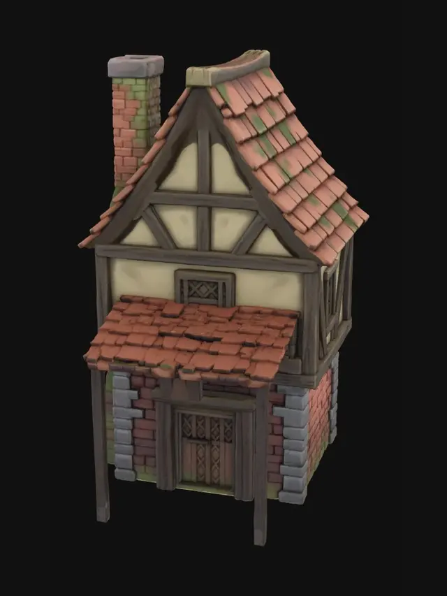 3D model for medieval European half-timbered brick house, exposed wooden beams, red brick walls, red clay tile roof, brick chimney, old town building, isometric view, hand-painted textures, stylized game asset, fantasy RPG environment