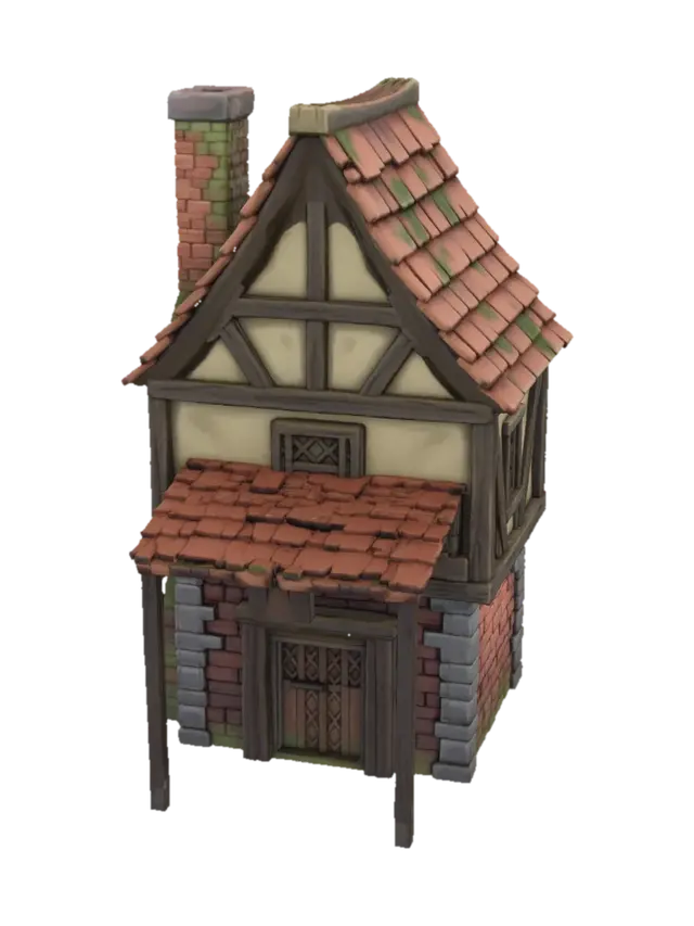 3D model for medieval European half-timbered brick house, exposed wooden beams, red brick walls, red clay tile roof, brick chimney, old town building, isometric view, hand-painted textures, stylized game asset, fantasy RPG environment