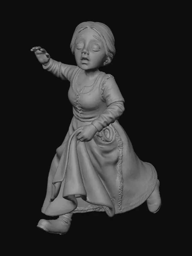 3D model for medieval peasant woman running away, five-heads-tall proportions, stylized realistic figurine, dynamic fleeing pose, holding skirt while running, frightened expression, 14th century European clothing, compact body, slightly large head, clean silhouette, isolated character, floating, no base, no background, studio lighting, high detail
