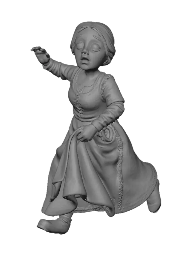3D model for medieval peasant woman running away, five-heads-tall proportions, stylized realistic figurine, dynamic fleeing pose, holding skirt while running, frightened expression, 14th century European clothing, compact body, slightly large head, clean silhouette, isolated character, floating, no base, no background, studio lighting, high detail