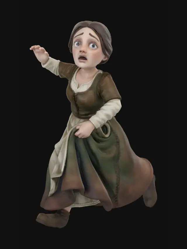 3D model for medieval peasant woman running away, five-heads-tall proportions, stylized realistic figurine, dynamic fleeing pose, holding skirt while running, frightened expression, 14th century European clothing, compact body, slightly large head, clean silhouette, isolated character, floating, no base, no background, studio lighting, high detail