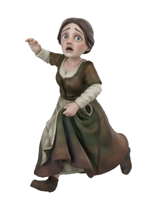 3D model for medieval peasant woman running away, five-heads-tall proportions, stylized realistic figurine, dynamic fleeing pose, holding skirt while running, frightened expression, 14th century European clothing, compact body, slightly large head, clean silhouette, isolated character, floating, no base, no background, studio lighting, high detail