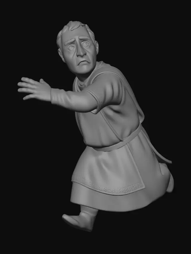 3D model for single character only, solo figure,
stylized medieval nobleman, aristocratic husband,
five-heads-tall proportions, compact adult male body,
middle-aged man, mature facial features,
running away in fear,
body leaning forward while fleeing,
head turned back in panic,
wide worried eyes, tense brows, frightened expression,
mouth slightly open,
one arm stretched backward protectively,
shielding his wife behind him while escaping,
late medieval noble male clothing,
muted blue and off-white color palette,
layered tunic and overgarment,
structured noble silhouette,
wool and linen fabrics,
hand-embroidered trim,
clean but slightly worn, no shine,
stylized 3D figurine style,
restrained realism,
ensemble consistency,
soft neutral lighting,
no base, no background