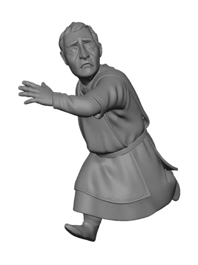 3D model for single character only, solo figure,
stylized medieval nobleman, aristocratic husband,
five-heads-tall proportions, compact adult male body,
middle-aged man, mature facial features,
running away in fear,
body leaning forward while fleeing,
head turned back in panic,
wide worried eyes, tense brows, frightened expression,
mouth slightly open,
one arm stretched backward protectively,
shielding his wife behind him while escaping,
late medieval noble male clothing,
muted blue and off-white color palette,
layered tunic and overgarment,
structured noble silhouette,
wool and linen fabrics,
hand-embroidered trim,
clean but slightly worn, no shine,
stylized 3D figurine style,
restrained realism,
ensemble consistency,
soft neutral lighting,
no base, no background