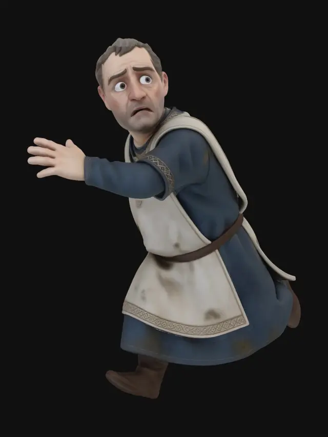 3D model for single character only, solo figure,
stylized medieval nobleman, aristocratic husband,
five-heads-tall proportions, compact adult male body,
middle-aged man, mature facial features,
running away in fear,
body leaning forward while fleeing,
head turned back in panic,
wide worried eyes, tense brows, frightened expression,
mouth slightly open,
one arm stretched backward protectively,
shielding his wife behind him while escaping,
late medieval noble male clothing,
muted blue and off-white color palette,
layered tunic and overgarment,
structured noble silhouette,
wool and linen fabrics,
hand-embroidered trim,
clean but slightly worn, no shine,
stylized 3D figurine style,
restrained realism,
ensemble consistency,
soft neutral lighting,
no base, no background