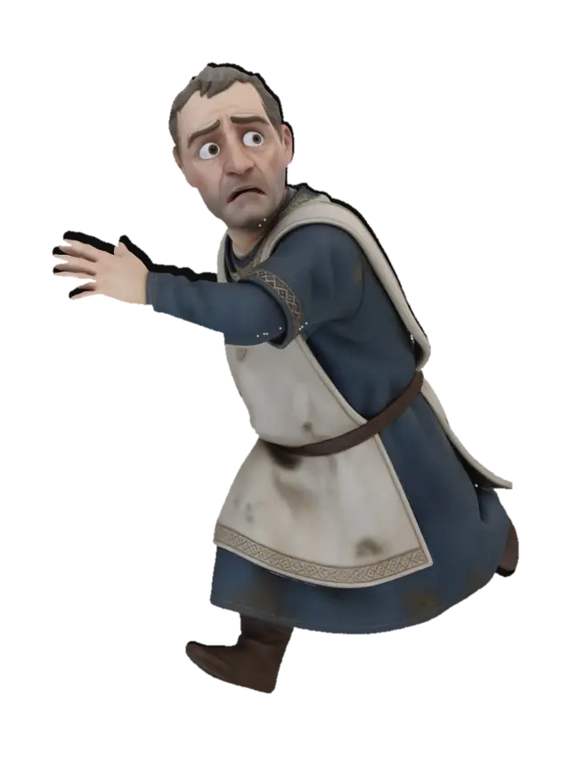 3D model for single character only, solo figure,
stylized medieval nobleman, aristocratic husband,
five-heads-tall proportions, compact adult male body,
middle-aged man, mature facial features,
running away in fear,
body leaning forward while fleeing,
head turned back in panic,
wide worried eyes, tense brows, frightened expression,
mouth slightly open,
one arm stretched backward protectively,
shielding his wife behind him while escaping,
late medieval noble male clothing,
muted blue and off-white color palette,
layered tunic and overgarment,
structured noble silhouette,
wool and linen fabrics,
hand-embroidered trim,
clean but slightly worn, no shine,
stylized 3D figurine style,
restrained realism,
ensemble consistency,
soft neutral lighting,
no base, no background