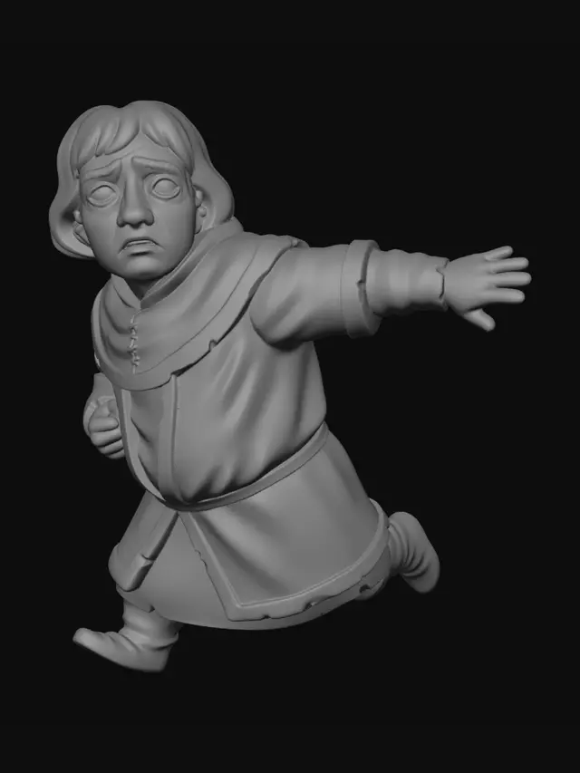 3D model for single character only, solo figure,
stylized medieval nobleman, aristocratic husband,
five-heads-tall proportions, compact adult male body,
middle-aged man, mature facial features,
running away in fear,
body leaning forward while fleeing,
head turned back in panic,
wide worried eyes, tense brows, frightened expression,
mouth slightly open,
one arm stretched backward protectively,
shielding his wife behind him while escaping,
late medieval noble male clothing,
muted blue and off-white color palette,
layered tunic and overgarment,
structured noble silhouette,
wool and linen fabrics,
hand-embroidered trim,
clean but slightly worn, no shine,
stylized 3D figurine style,
restrained realism,
ensemble consistency,
soft neutral lighting,
no base, no background