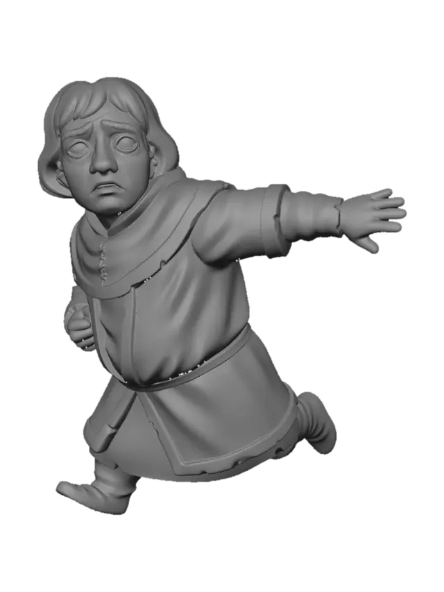3D model for single character only, solo figure,
stylized medieval nobleman, aristocratic husband,
five-heads-tall proportions, compact adult male body,
middle-aged man, mature facial features,
running away in fear,
body leaning forward while fleeing,
head turned back in panic,
wide worried eyes, tense brows, frightened expression,
mouth slightly open,
one arm stretched backward protectively,
shielding his wife behind him while escaping,
late medieval noble male clothing,
muted blue and off-white color palette,
layered tunic and overgarment,
structured noble silhouette,
wool and linen fabrics,
hand-embroidered trim,
clean but slightly worn, no shine,
stylized 3D figurine style,
restrained realism,
ensemble consistency,
soft neutral lighting,
no base, no background
