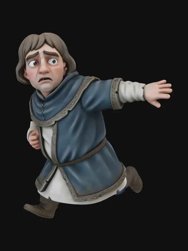3D model for single character only, solo figure,
stylized medieval nobleman, aristocratic husband,
five-heads-tall proportions, compact adult male body,
middle-aged man, mature facial features,
running away in fear,
body leaning forward while fleeing,
head turned back in panic,
wide worried eyes, tense brows, frightened expression,
mouth slightly open,
one arm stretched backward protectively,
shielding his wife behind him while escaping,
late medieval noble male clothing,
muted blue and off-white color palette,
layered tunic and overgarment,
structured noble silhouette,
wool and linen fabrics,
hand-embroidered trim,
clean but slightly worn, no shine,
stylized 3D figurine style,
restrained realism,
ensemble consistency,
soft neutral lighting,
no base, no background