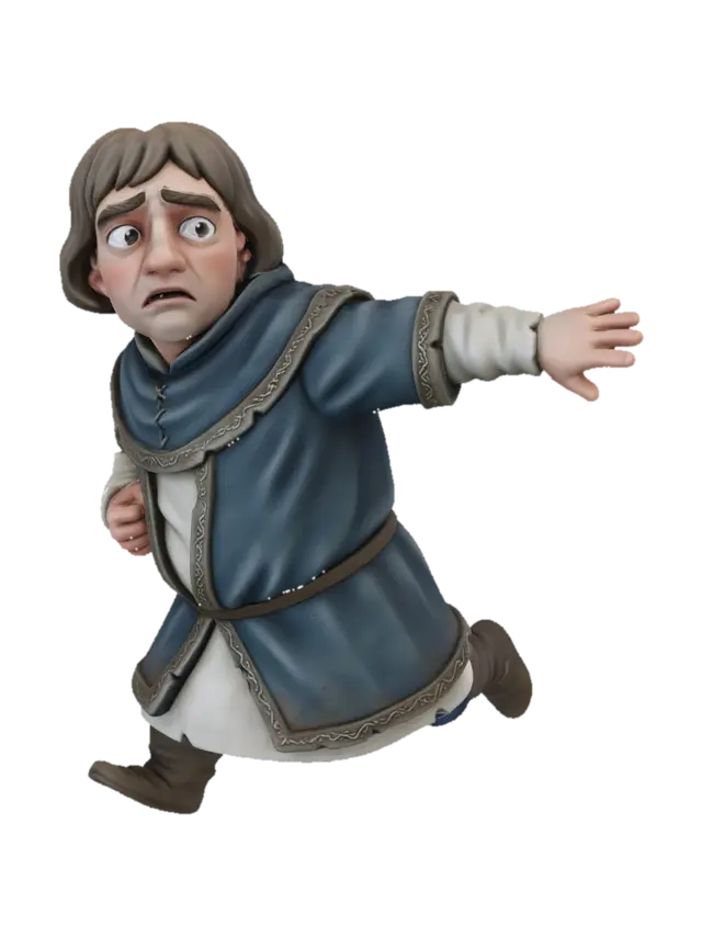 3D model for single character only, solo figure,
stylized medieval nobleman, aristocratic husband,
five-heads-tall proportions, compact adult male body,
middle-aged man, mature facial features,
running away in fear,
body leaning forward while fleeing,
head turned back in panic,
wide worried eyes, tense brows, frightened expression,
mouth slightly open,
one arm stretched backward protectively,
shielding his wife behind him while escaping,
late medieval noble male clothing,
muted blue and off-white color palette,
layered tunic and overgarment,
structured noble silhouette,
wool and linen fabrics,
hand-embroidered trim,
clean but slightly worn, no shine,
stylized 3D figurine style,
restrained realism,
ensemble consistency,
soft neutral lighting,
no base, no background