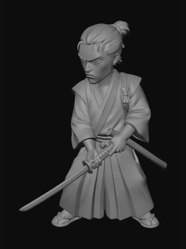 3D model for single character only, solo figure,
stylized medieval Japanese samurai,
five-heads-tall proportions, compact adult male body,

calm combat-ready stance,
katana already drawn and held low,
both hands on the sword,
body slightly angled, grounded posture,
not attacking yet, controlled tension,

serious and focused expression,
narrow eyes, stern brows,
disciplined and restrained emotion,

Kamakura to early Muromachi period samurai,
traditional kimono and hakama,
layered robes with wide sleeves,
simple cloth armor or light shoulder guards,
muted dark colors (black, dark brown, deep indigo),
linen and cotton fabrics,
historically grounded design, no fantasy elements,

black long hair tied back in a low knot,
traditional samurai hairstyle,

waraji sandals,
simple katana and saya,

stylized 3D fig